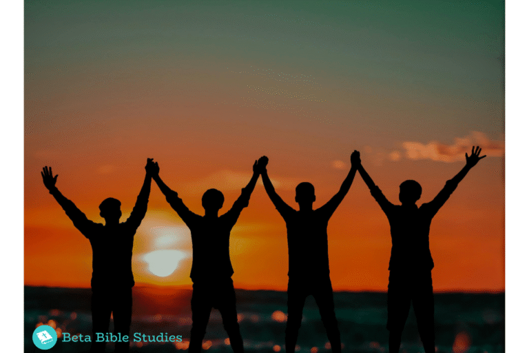 Silhouettes of believers standing hand in hand at sunset, symbolizing unity, strength, and unshakeable faith in God.